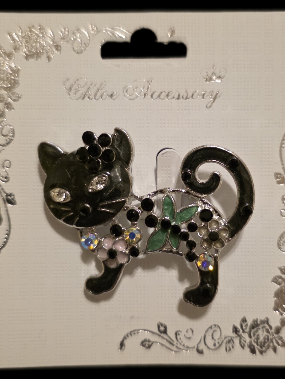 Silvertone Black Cat Brooch